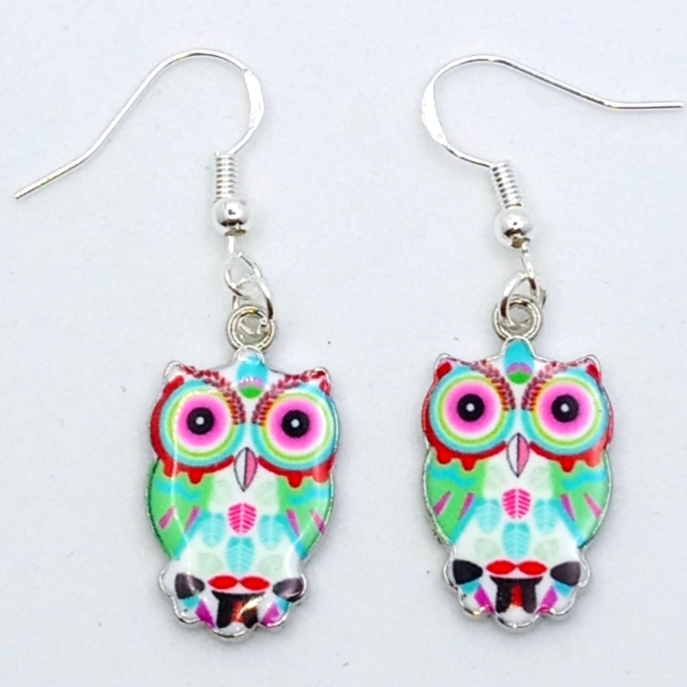 COLORFUL METAL OWL EARRINGS WITH STERLING SILVER EAR WIRES - Picture 1 of 1